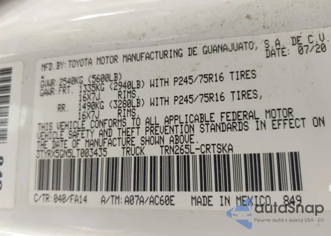 2020 Toyota Tacoma Sr z USA, uszkodzony, nr VIN 3TYRX5GN5LT003435